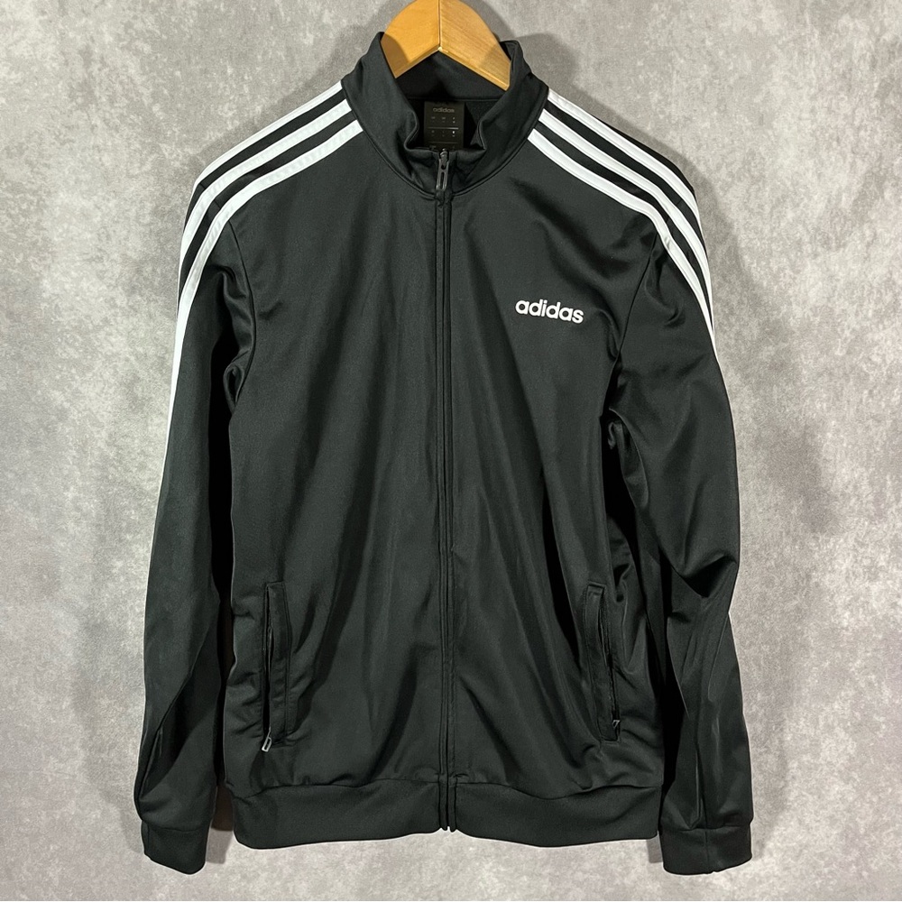 Adidas Jacket Mens‎ Medium M Black Full Zip 3 Stripe Track Windbreaker Lined
